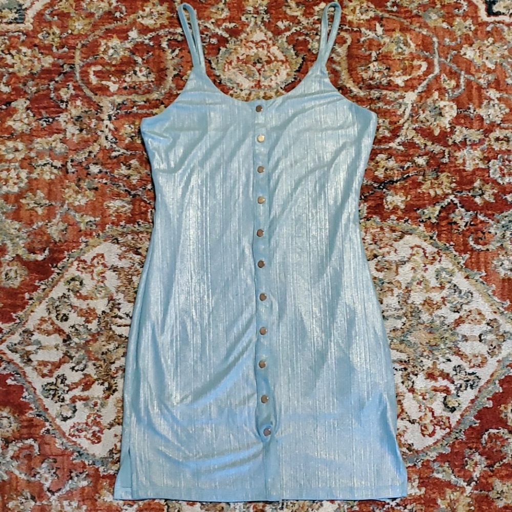 Powder blue metallic button down mini dress